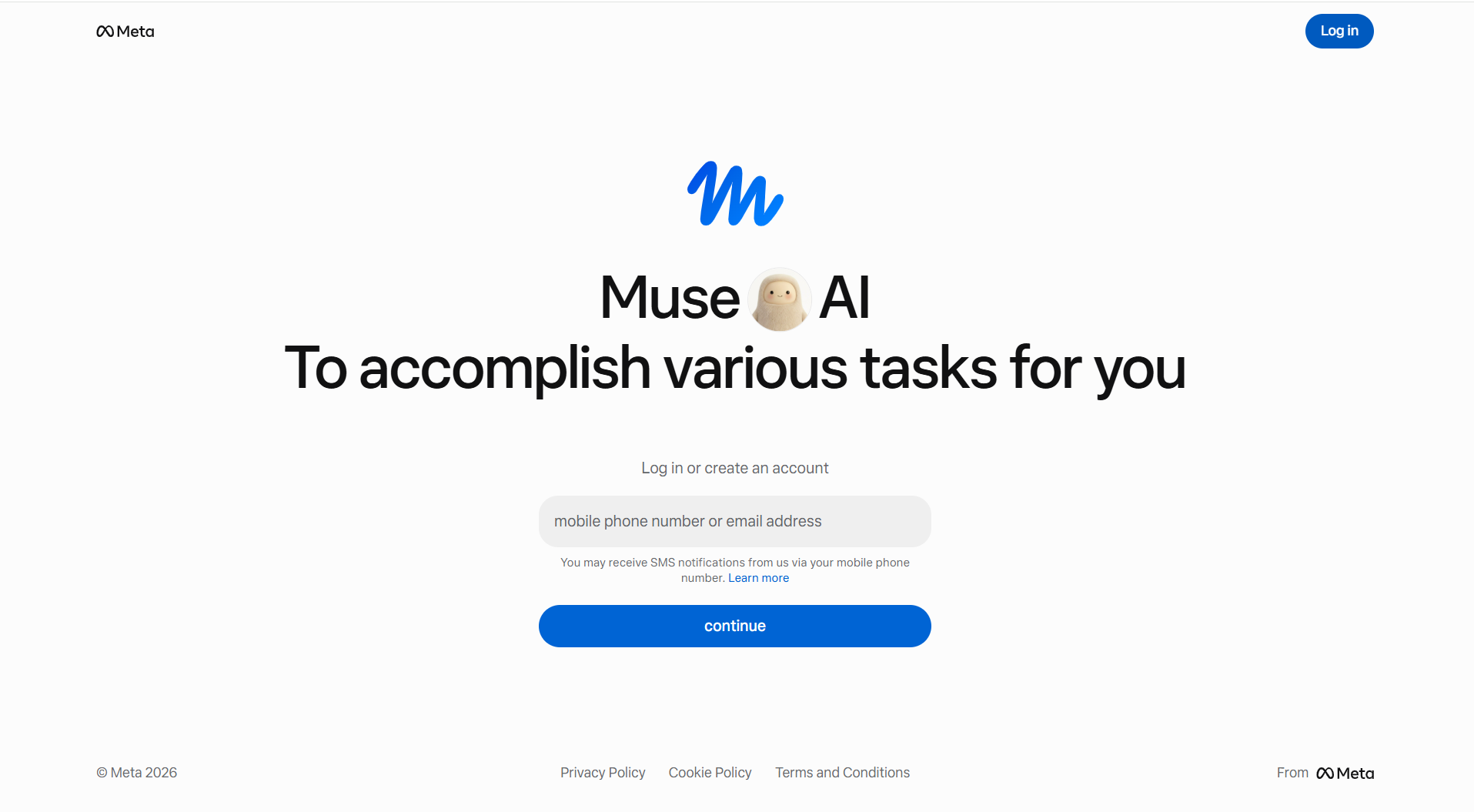 Meta Muse AI login or create an account interface featuring mobile phone number and email sign in options