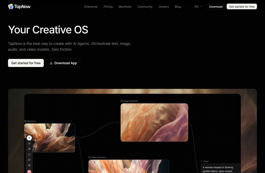 TapNow官網首頁Your Creative OS與節點畫布介面